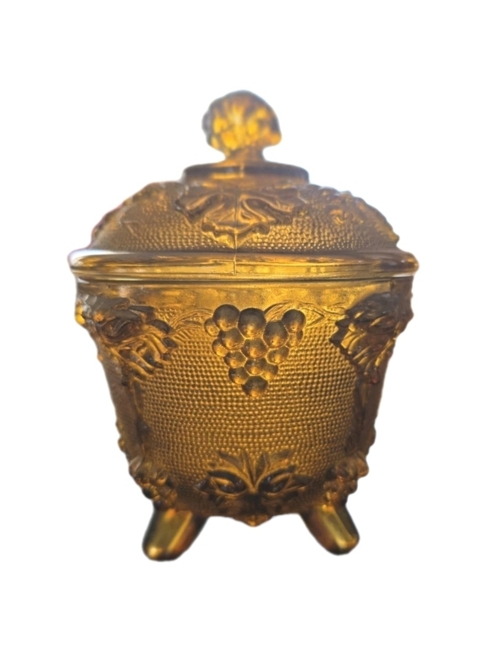 Amberina Carnival Glass Candy Dish & Lid Grapes by Jeanette Amber Glass Vintage